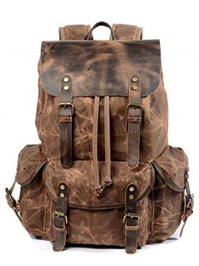 Leather Canvas Backpack Travel Rucksack Laptop Hiking Camping Daypack Bag